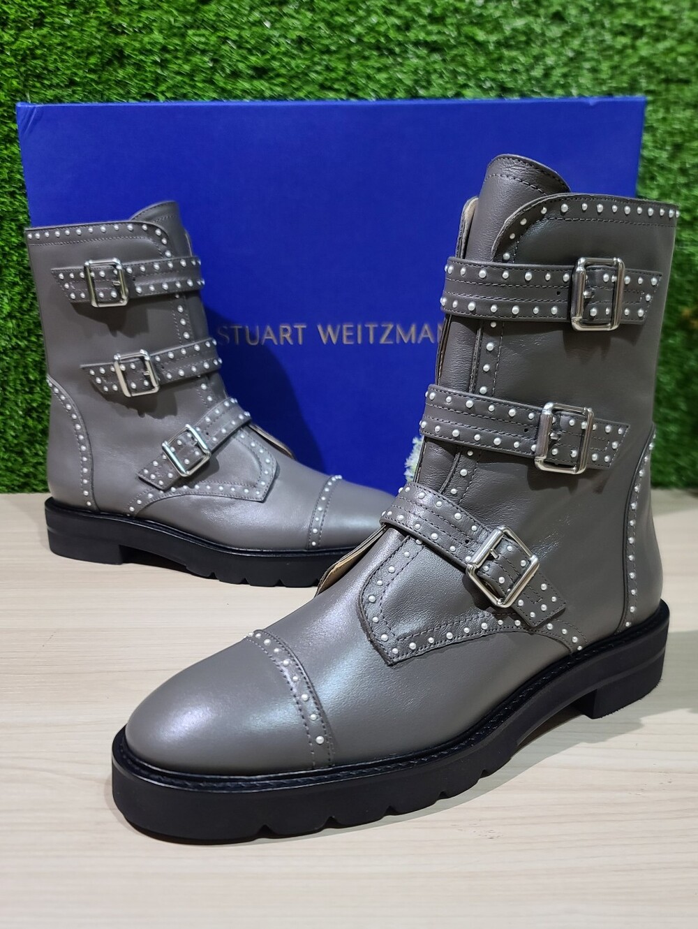 Stuart Weitzman Jesse Lift Leather Moto Boots / Flannel Grey US Women's 9.5 NEW